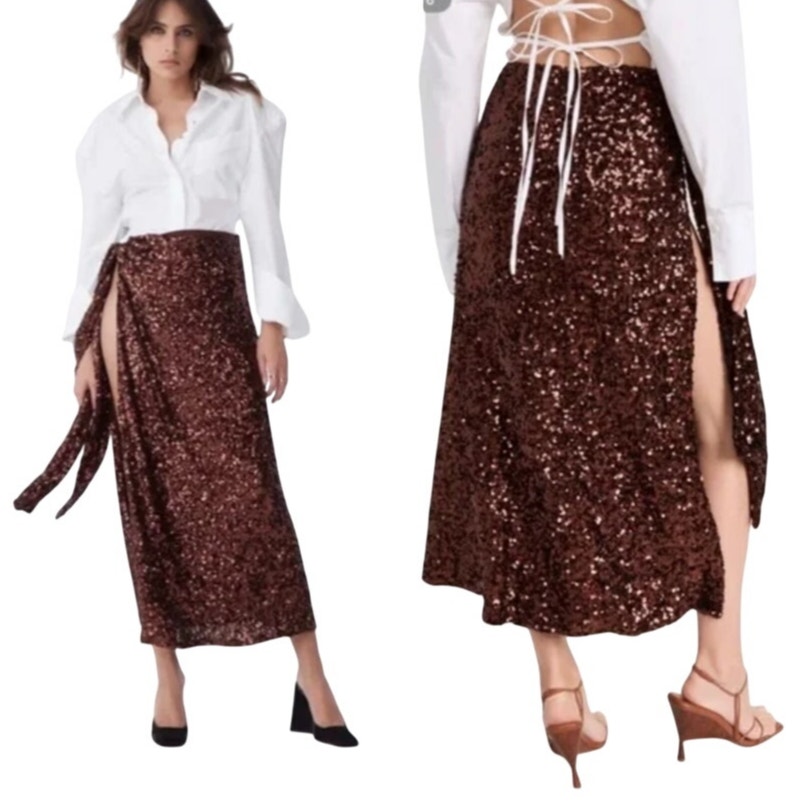 Atoir Teary Sequin Embellished Wrap Skirt Evening Statement Chocolate Size 4